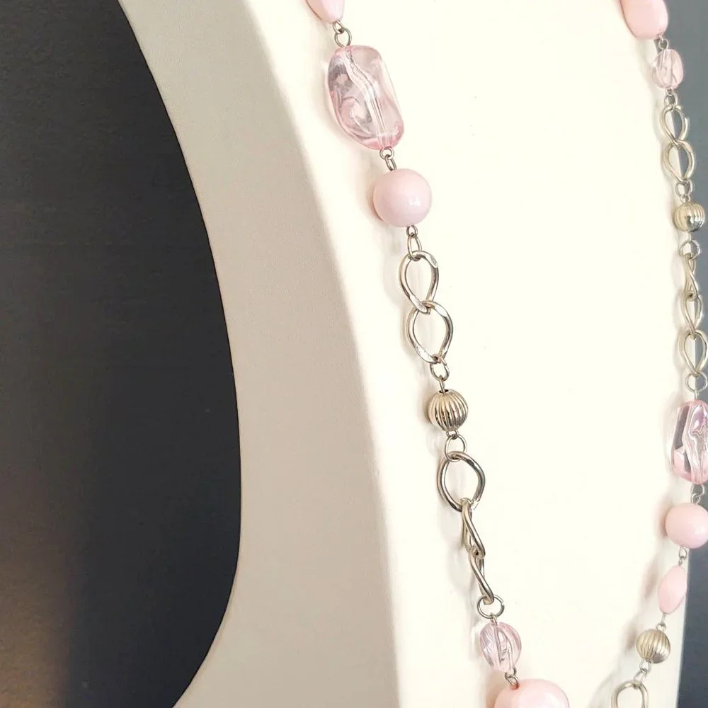 Long silver chain necklace with pink beads